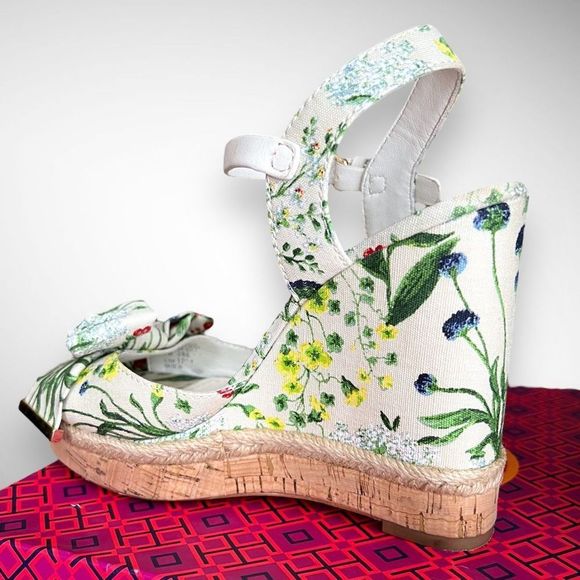 Tory Burch Penny 120MM Wedge in Watercolor Botanical Print / New Ivory Sz 7(M) - Picture 7 of 16